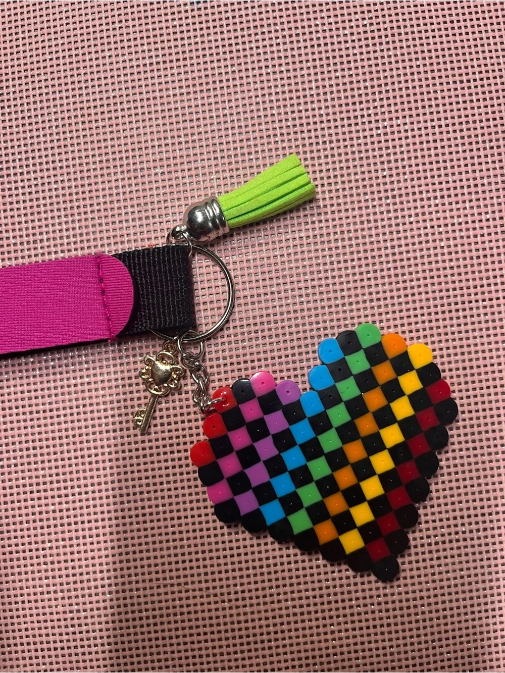 Rainbow Checkerboard Heart Keychain with Green Tassel